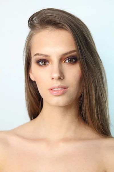 Closeup studio portrait of young beautiful model with professional makeup — Stock Photo, Image