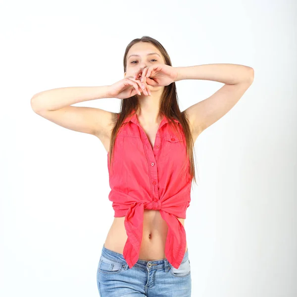 Emocional menina animado olhando para o lado e muito surpreso — Fotografia de Stock