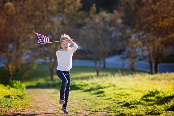 Positive Little Boy American Flag Running Celebrating 4Th July Independence — Stock Photo, Image