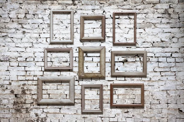 Set Old Photo Frames Brick Wall Background — Stock Photo, Image