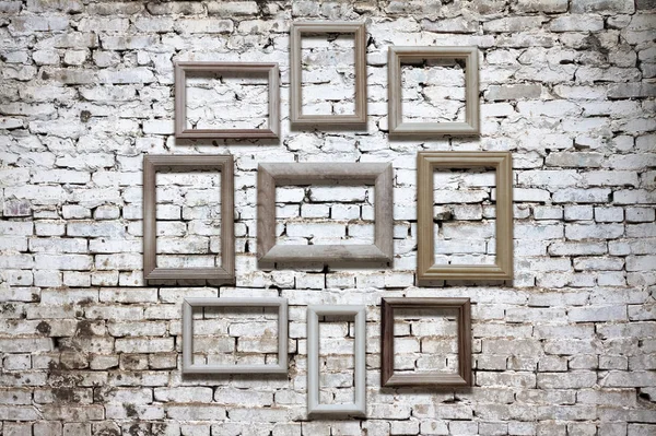 Set Old Photo Frames Brick Wall Background — Stock Photo, Image