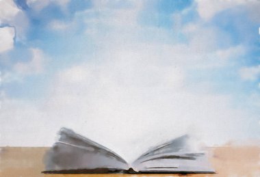 suluboya renkli resimleme, kitap ve gökyüzü