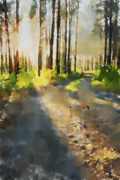 Suluboya Renkli Çizimler Güneş Ormanı — Stok fotoğraf