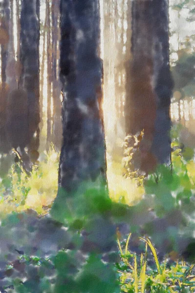 Watercolor Colorful Illustration Sunet Forest — Stock Photo, Image