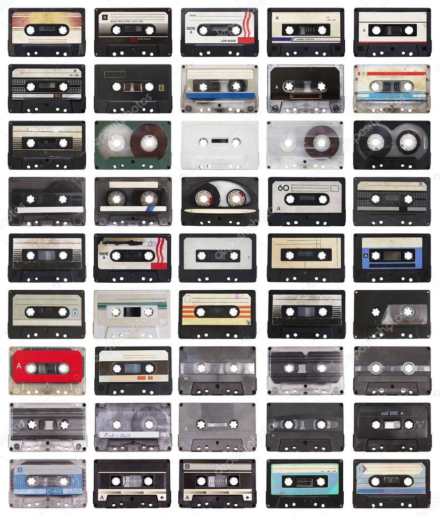 collection of retro audio tapes (A-side) isolated on white background