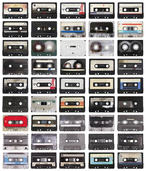 Kolekce Retro Audio Pásky Side Izolované Bílém Pozadí — Stock fotografie