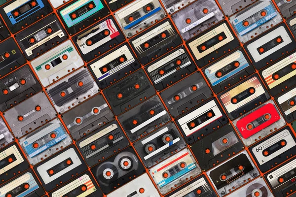 Collection Retro Audio Tapes Red Background — Stock Photo, Image