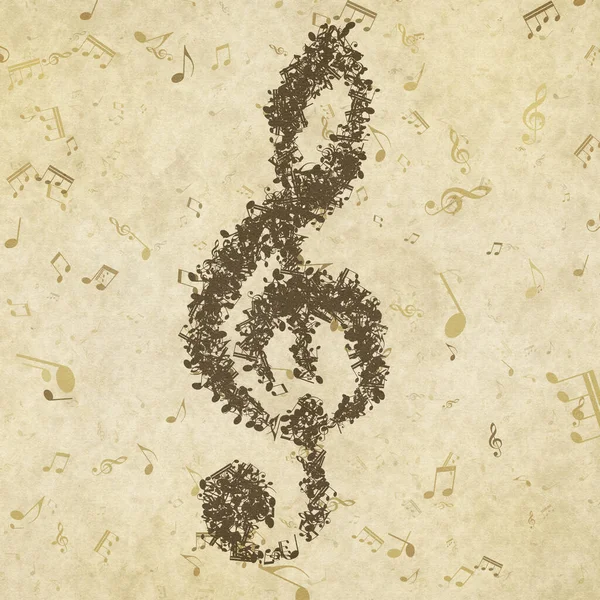 stock image Grunge musical background. Old paper texture, music notes, clef.