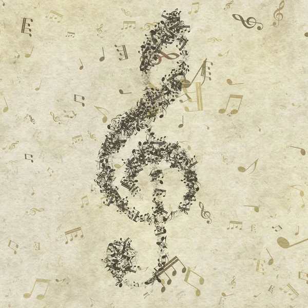 Grunge musical background. Old paper texture, music notes, clef.