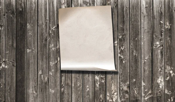 Eski Ahşap Duvarda Beyaz Kağıt Arkaplanda Kopya Alanı — Stok fotoğraf