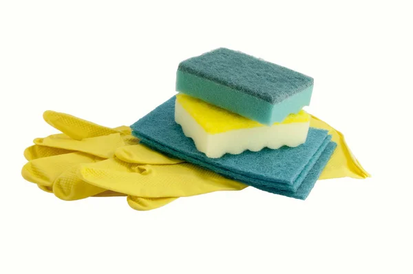 Rubber yellow gloves and sponges for washing — Stock Photo, Image