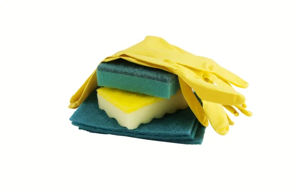 Rubber yellow gloves and sponges for washing — Stock Photo, Image