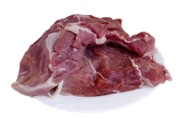 Carne Crua Ossos Uma Placa Isolada Fundo Branco — Fotografia de Stock