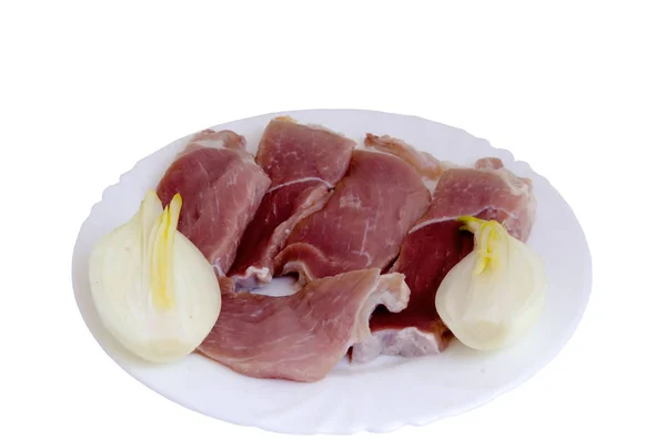 Carne Cruda Ossa Piatto Isolato Fondo Bianco — Foto Stock