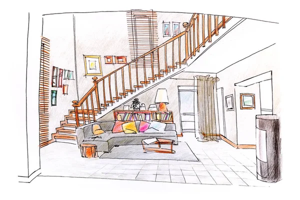 home interior. colored hand drawn sketch of living room.