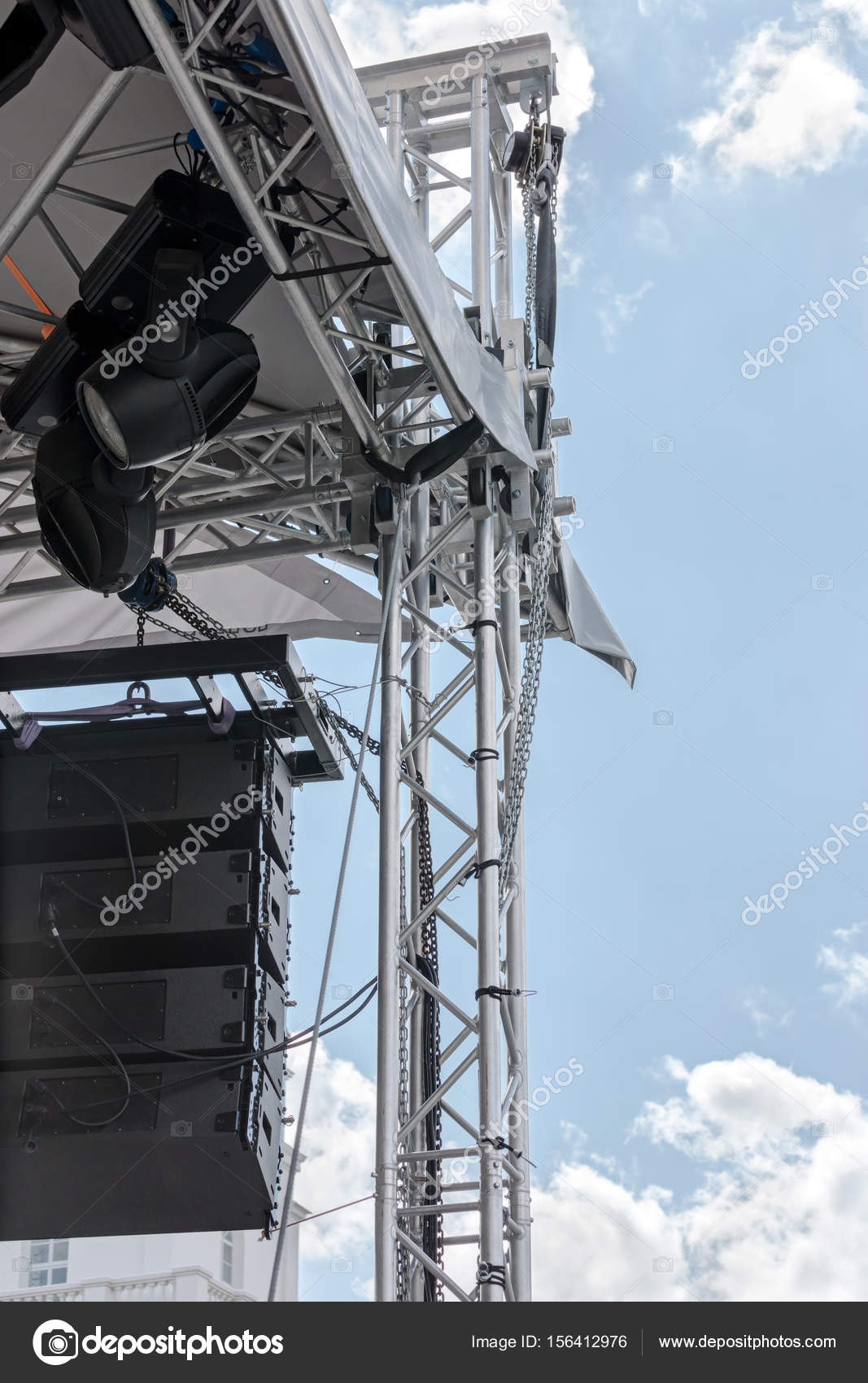 Outdoor Stage With Spotlight System And Sound Equipment Stock
