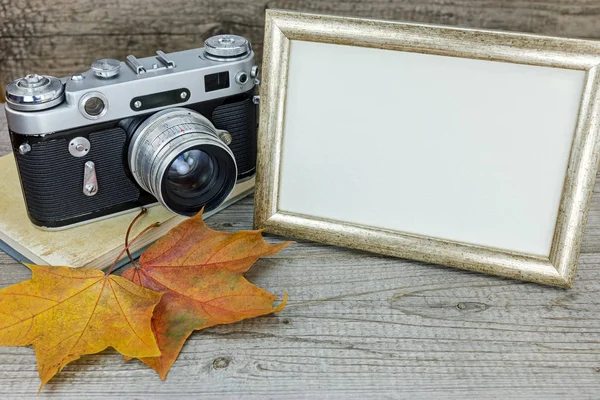 classic camera, photo frame and yellow fallen leaves on gray wood background