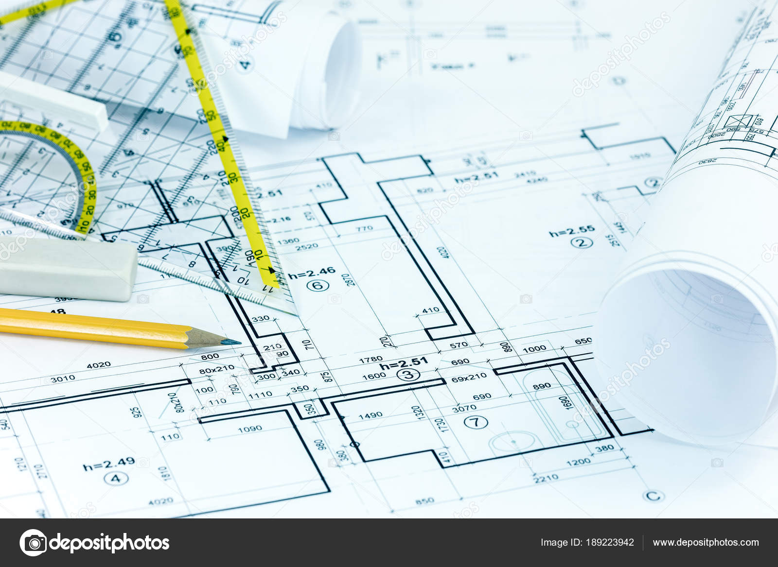 Blueprint Rolls Architectural Plans Drawing Instruments On