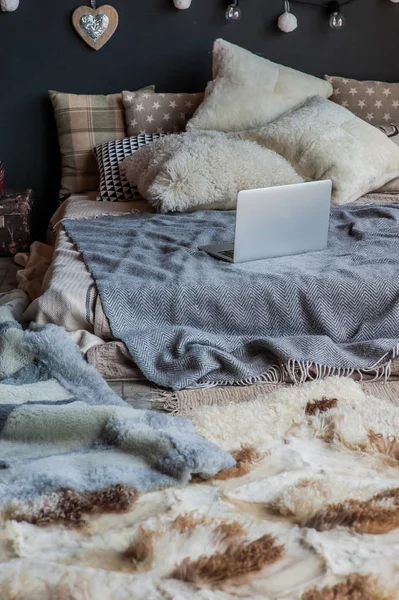 Fur cushions in the interior — Stock Photo, Image