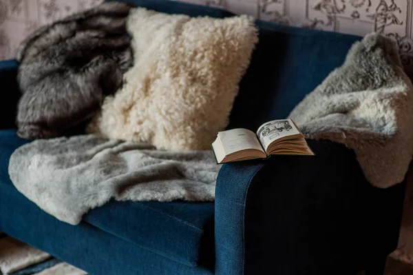 Fur cushions in the interior — Stock Photo, Image