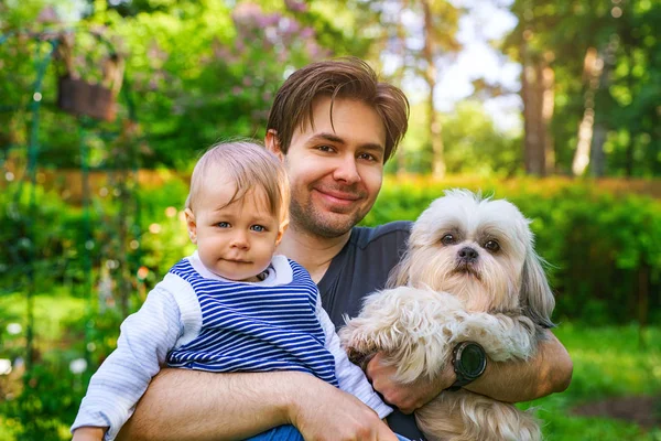 Father Son Dog Together Portrait Summer Green Garden — Stock Photo, Image