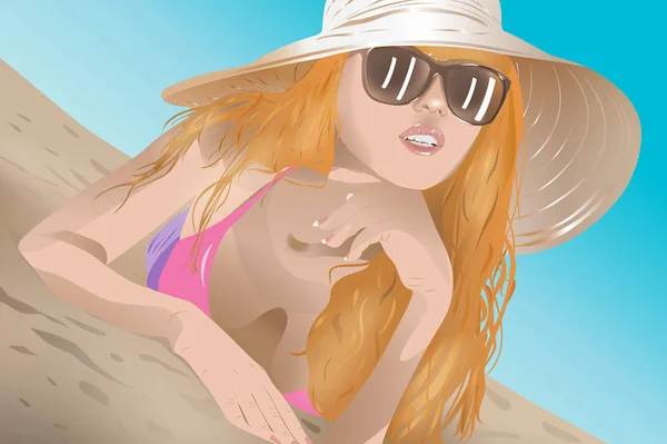 Mujer joven en la playa — Vector de stock