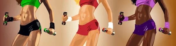 Fitness mujeres con mancuernas — Vector de stock