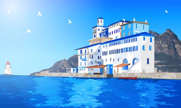 Paesaggio mediterraneo con edifici tradizionali — Vettoriale Stock