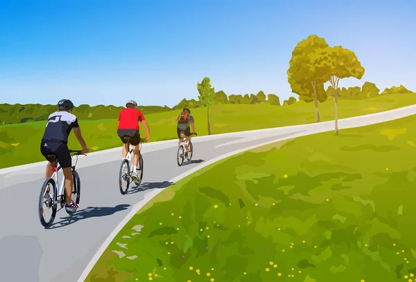 在道路上骑自行车的三人 — 图库矢量图片