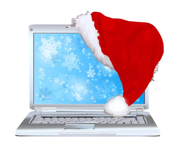 Noel Baba şapkası ile dizüstü bilgisayar — Stok Vektör