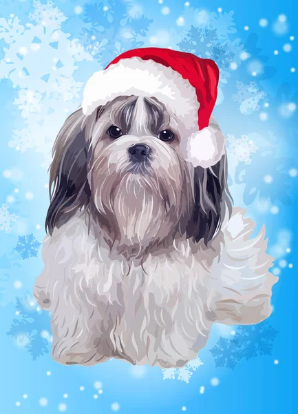 Shih tzu cane in cappello di Babbo Natale — Vettoriale Stock