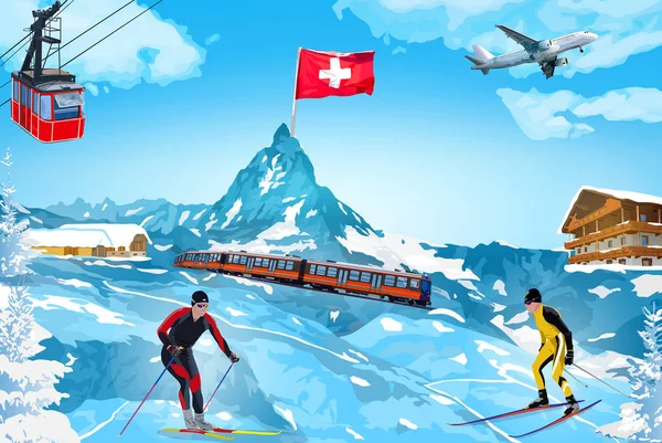 Alpes inverno montanha cartão de boas-vindas — Vetor de Stock