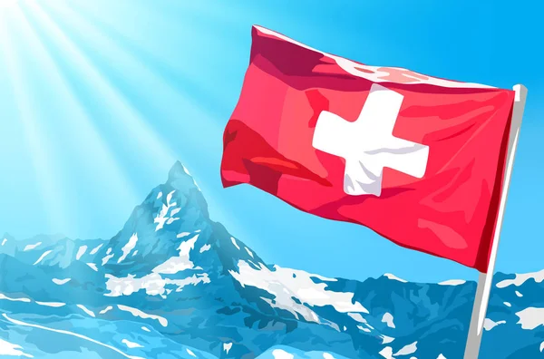 瑞士国旗在蓝色的天空和山脉背景 — 图库矢量图片