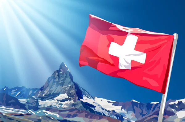 Bandera suiza sobre fondo azul cielo y montañas — Vector de stock