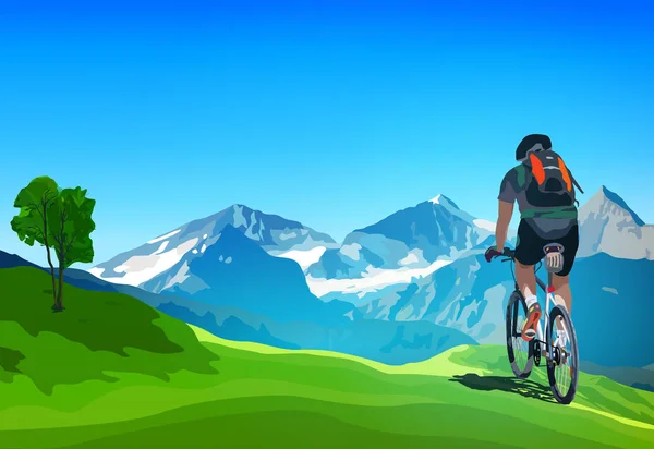 Ciclista viajando por los Alpes — Vector de stock