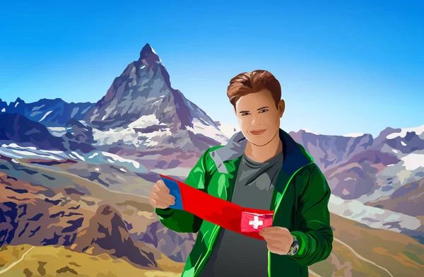 Людина турист в Альпах — стоковий вектор