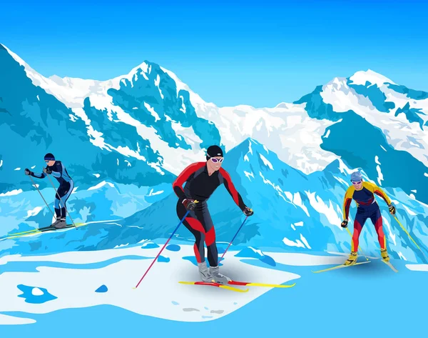 Skiers in mountains — Stock Vector