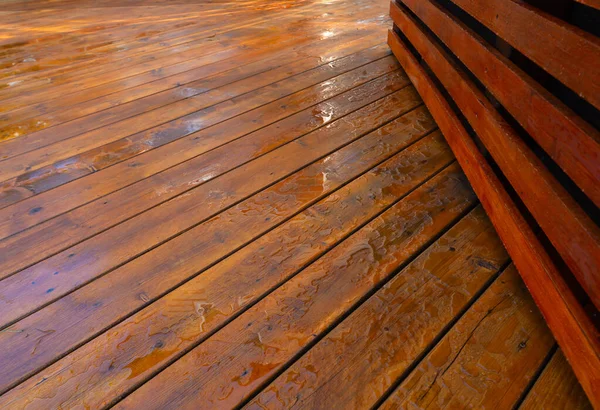 Backyard Wooden Deck Floor Boards Fresh Brown Stain Angled View — Stock Photo, Image