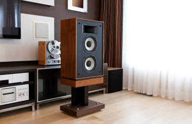 Modern Interior 'da açık sürücülerle uzun Stereo Vintage Speaker