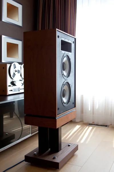 Tall Stereo Vintage Speaker in Modern Interior with open drivers