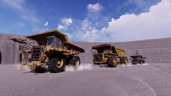 采石场倾卸卡车工作 3D插图 — 图库照片