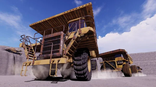 quarry dump trucks work, 3D illustration