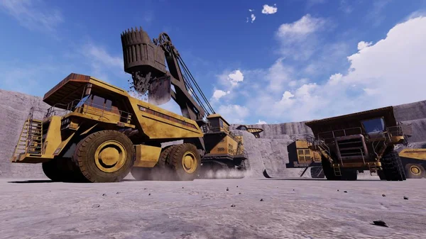 quarry dump trucks work, 3D illustration