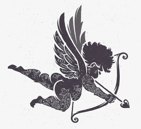 Silueta de Cupido con tatuajes — Vector de stock