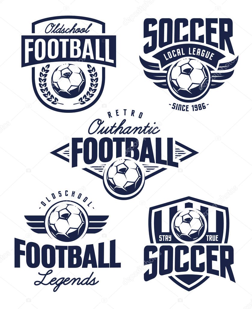 Vector Football Emblems set. Retro styled soccer badges isolated on white background. Soccer team logo templates.