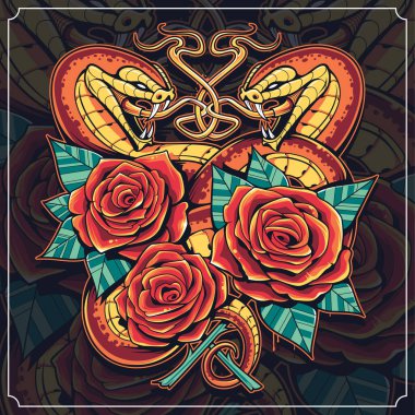 Ağzı açık iki yılan, güller ve yapraklar. Parlak sulu renklere sahip dövme stili vektör sanatı. 