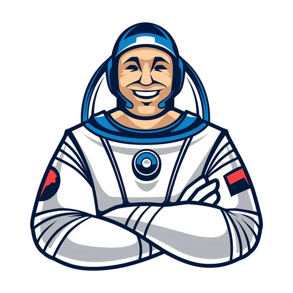 Styl Kreskówki Uśmiechnięty Astronauta Skrzyżowanymi Rękami Kosmonauta Odizolowana Biało Szczęśliwy — Wektor stockowy