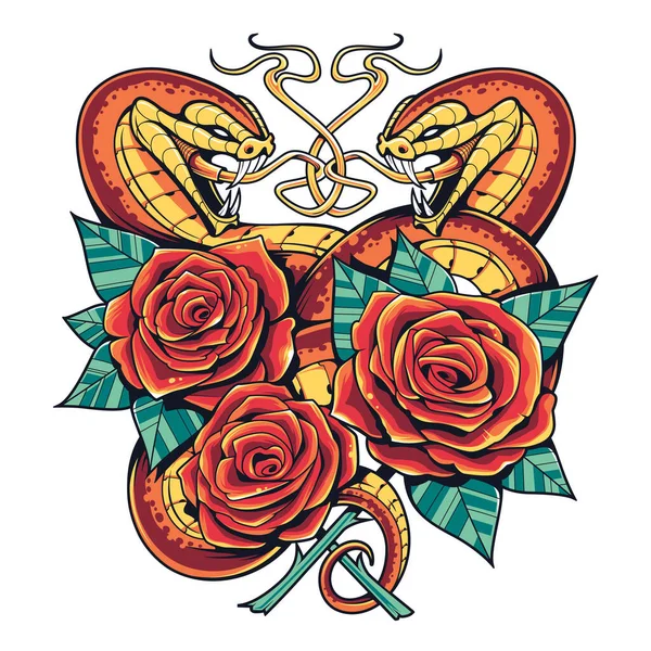 Две Змеи Открытым Ртом Розами Листьями Векторное Искусство Стиле Татуировки — стоковый вектор