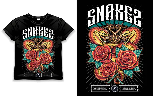 Shirt Design Met Slangen Rozen Slangen Openen Mond Wild Wikkelt — Stockvector