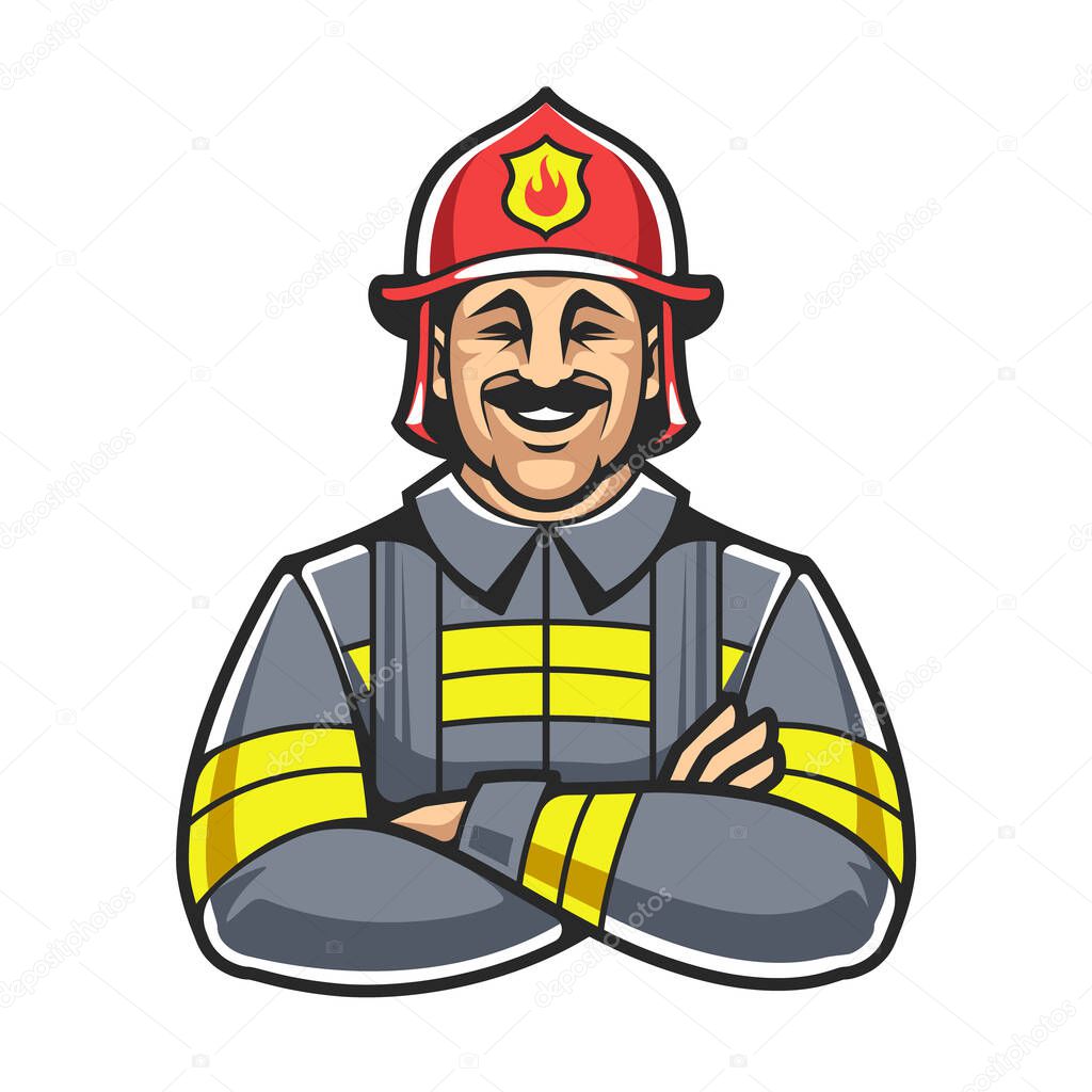 Cartoon style smiling doctor with crossed hands. Firefighter character isolated on white. Fireman vector icon. 